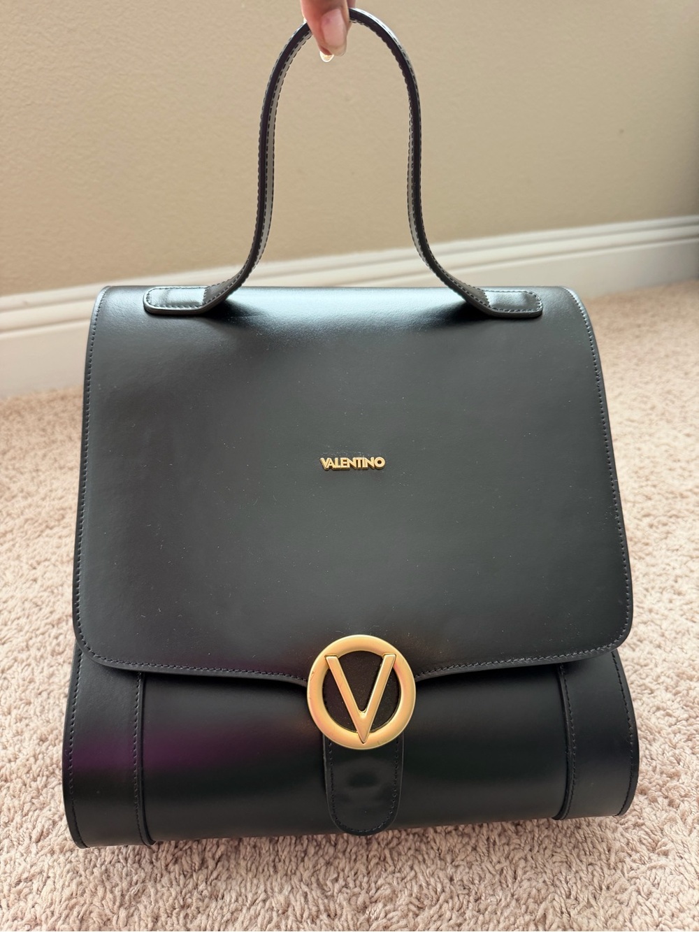 Large Valentino Black Leather Top-Handle Satchel with Gold V Logo